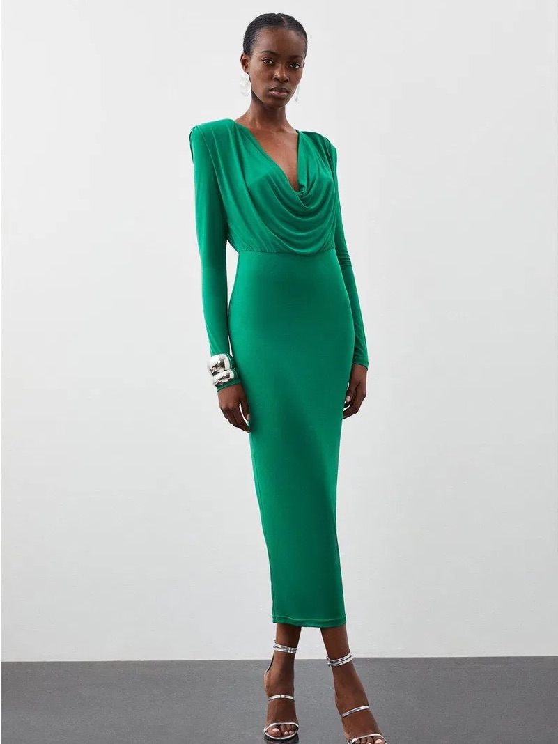 Nwt Karen Millen Emerald Green Cowl-Neck Long Sleeve Midi Dress
